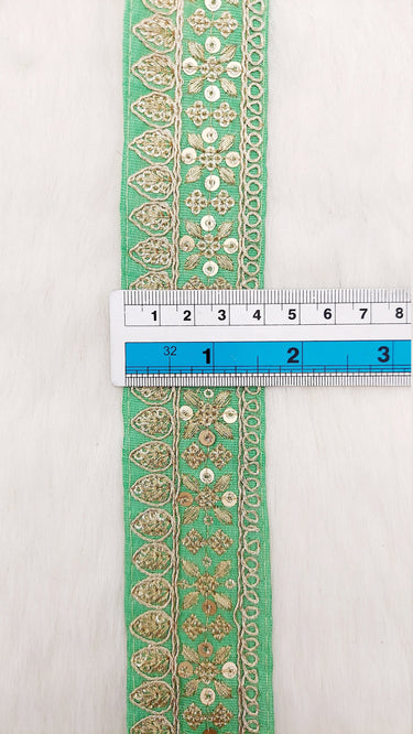 Green Art Silk Fabric Trim With Gold Floral Embroidery, Floral Sequins Sari Border, Trim By 9 Yards